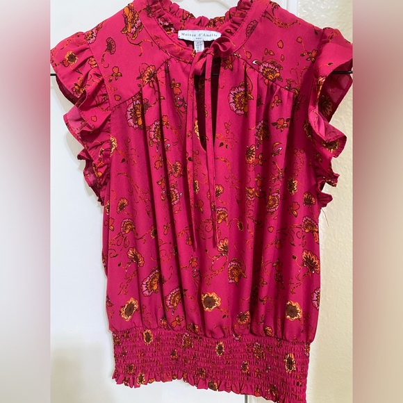 Maison D’Amelie Tops - Red Floral Ruffle Sleeve Blouse